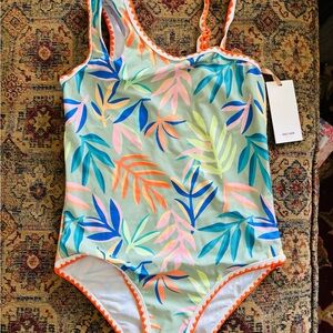 Grace Karin Girls Multicolor Leaf-Print One-Piece Swimsuit - Orange Trim